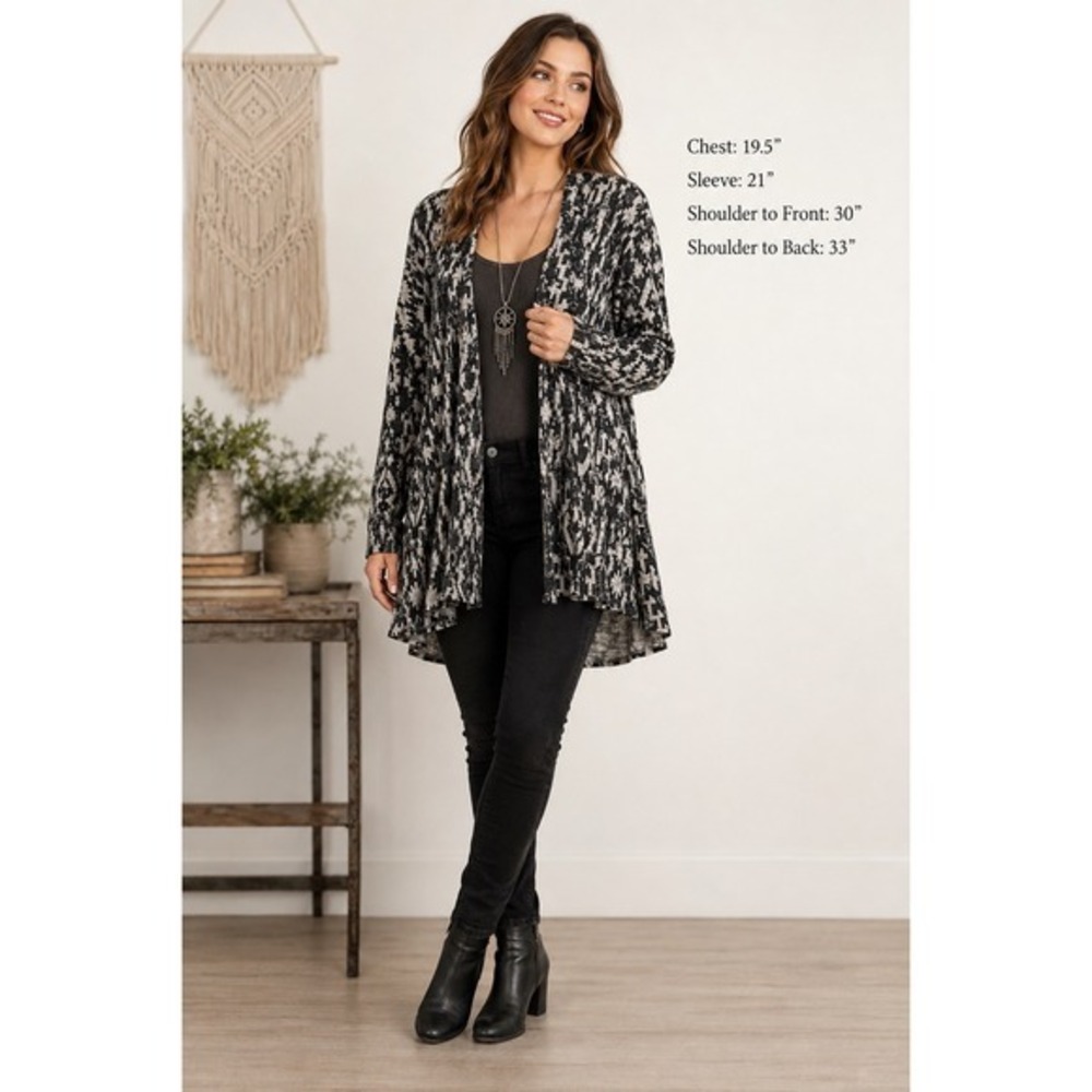 Eyeshadow Black Cream Aztec Geometric Open Front Cardigan High Low Hem‎ Western